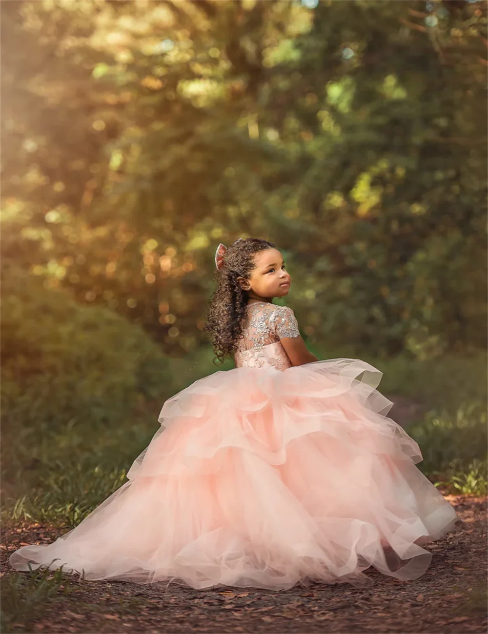 Vestidos de niña de flores con rubor rosa, vestido de baile con volantes escalonados para boda, Apliques de encaje, vestido de fiesta de cumpleaños para niños, desfile para niños