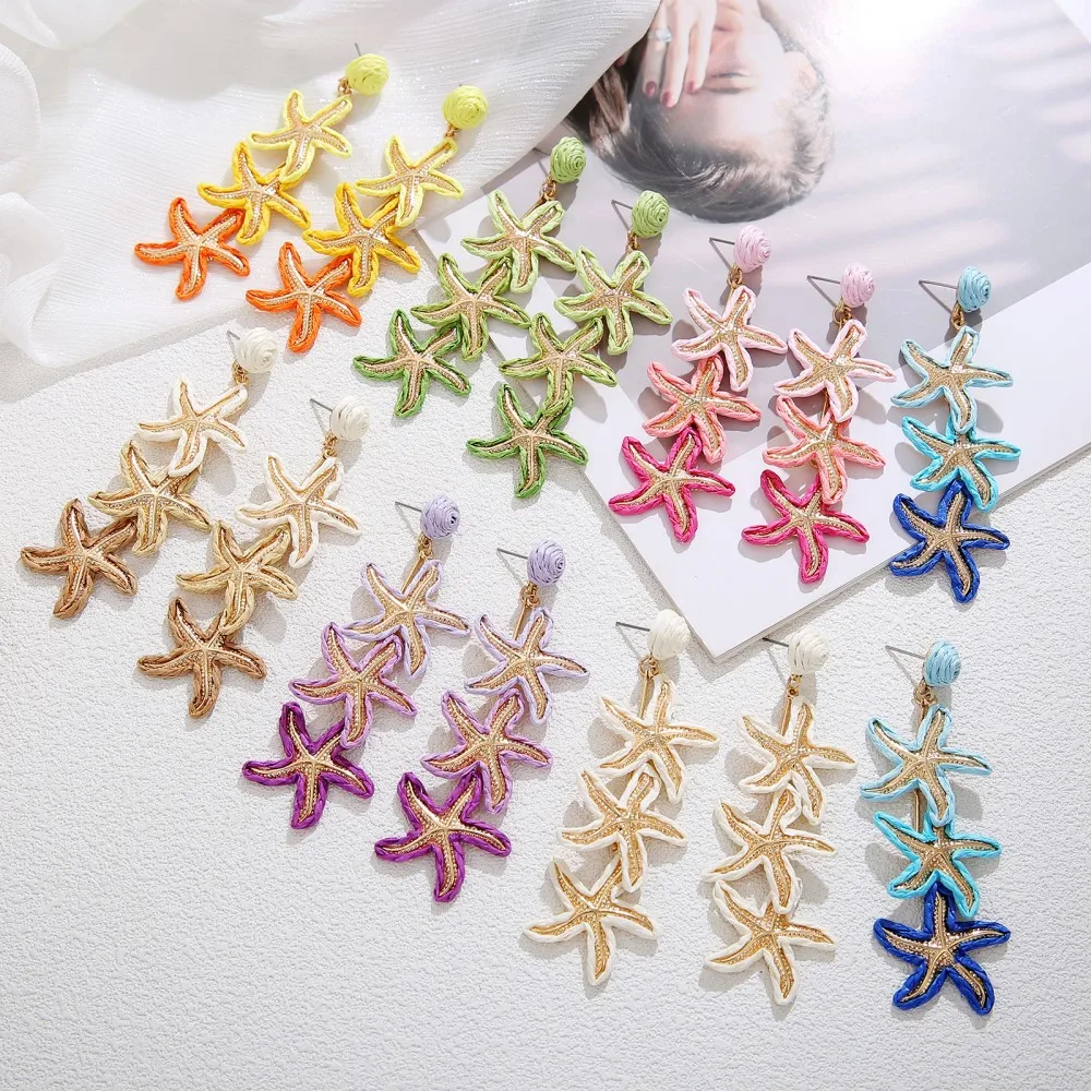 Boho Multicolor Woven Starfish Tassel Drop Earrings Handmade Layered Sea Star Dangle Earrings Summer Vacation Beach Women Access