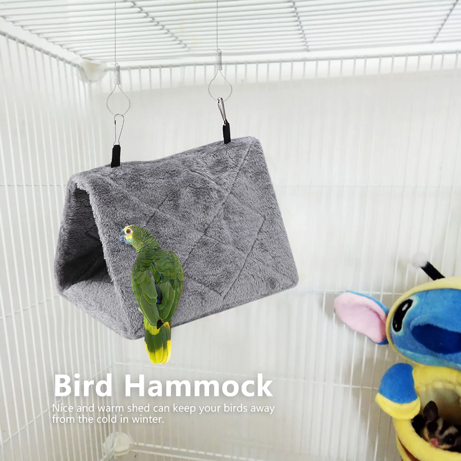 Soft Plush Hammock Hanging Cage Tent For Birds Parrot Winter Warm Bed Pet Toy Gray 