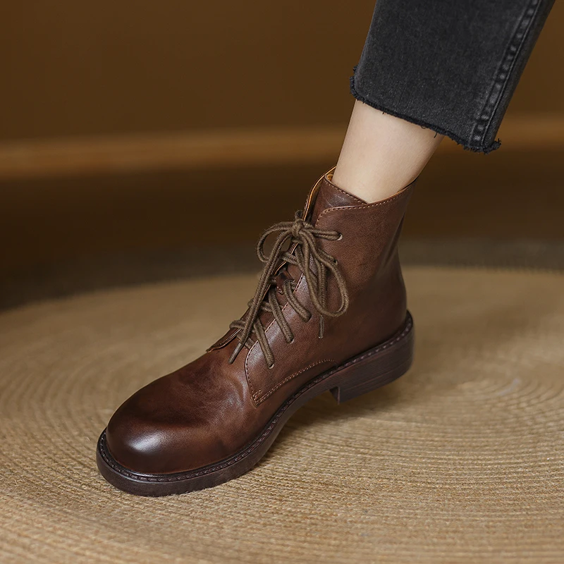

Woman Cowhide Ankle Boots Round Toe Short Boots Spring Autumn Winter Botas Lace-Up Warm Shoes Genuine Leather Thick Heeled