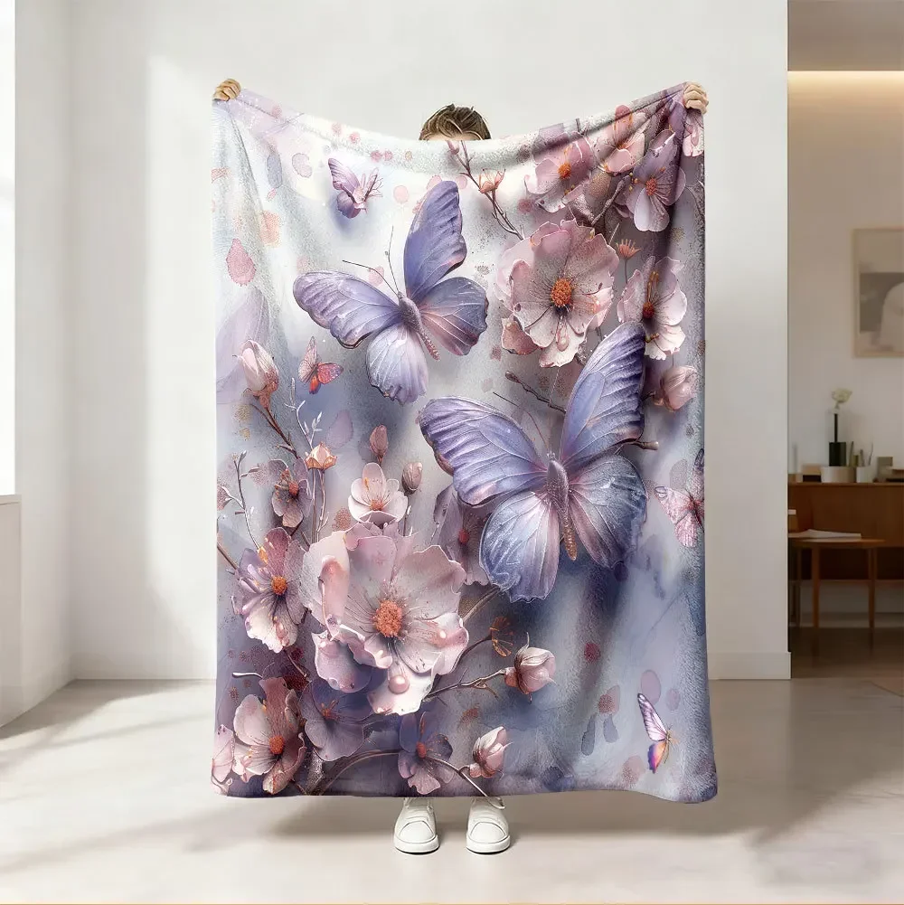 Lilac Butterfly Blanket 3D Rose Flower Painting Throw Couch Cover Luxury Embossed Plush Blankets Bedroom Decor Sofa Bedding