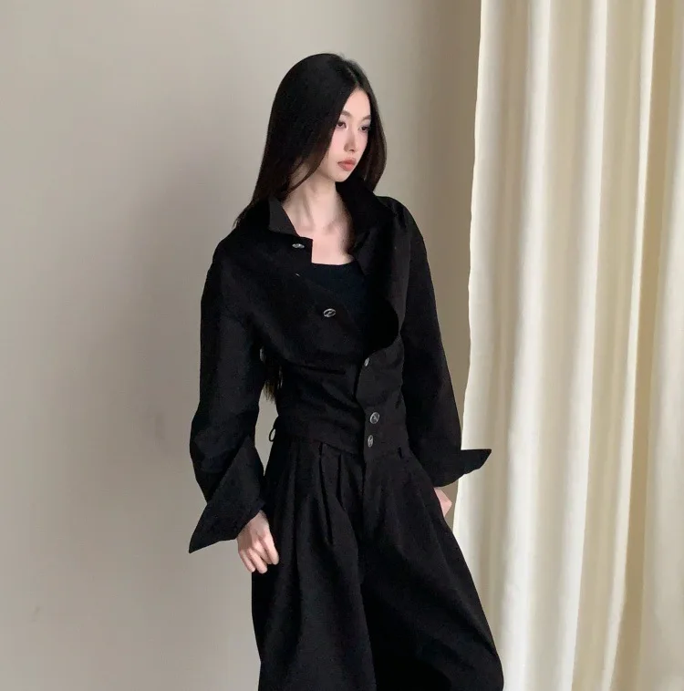 Dames Zwart Polokraag Cropped Shirt Tops Hoge taille Geplooide Rechte Wijde pijpen Broek Tweedelige set Herfst Koreaanse trend