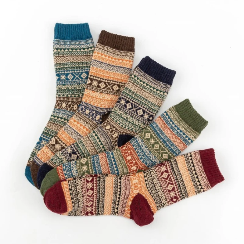 5 Pairs/Pack Women Winter Warm Socks Thick Wool Ethnic Style Geometric Hosiery Socks Soft Cashmere Casual