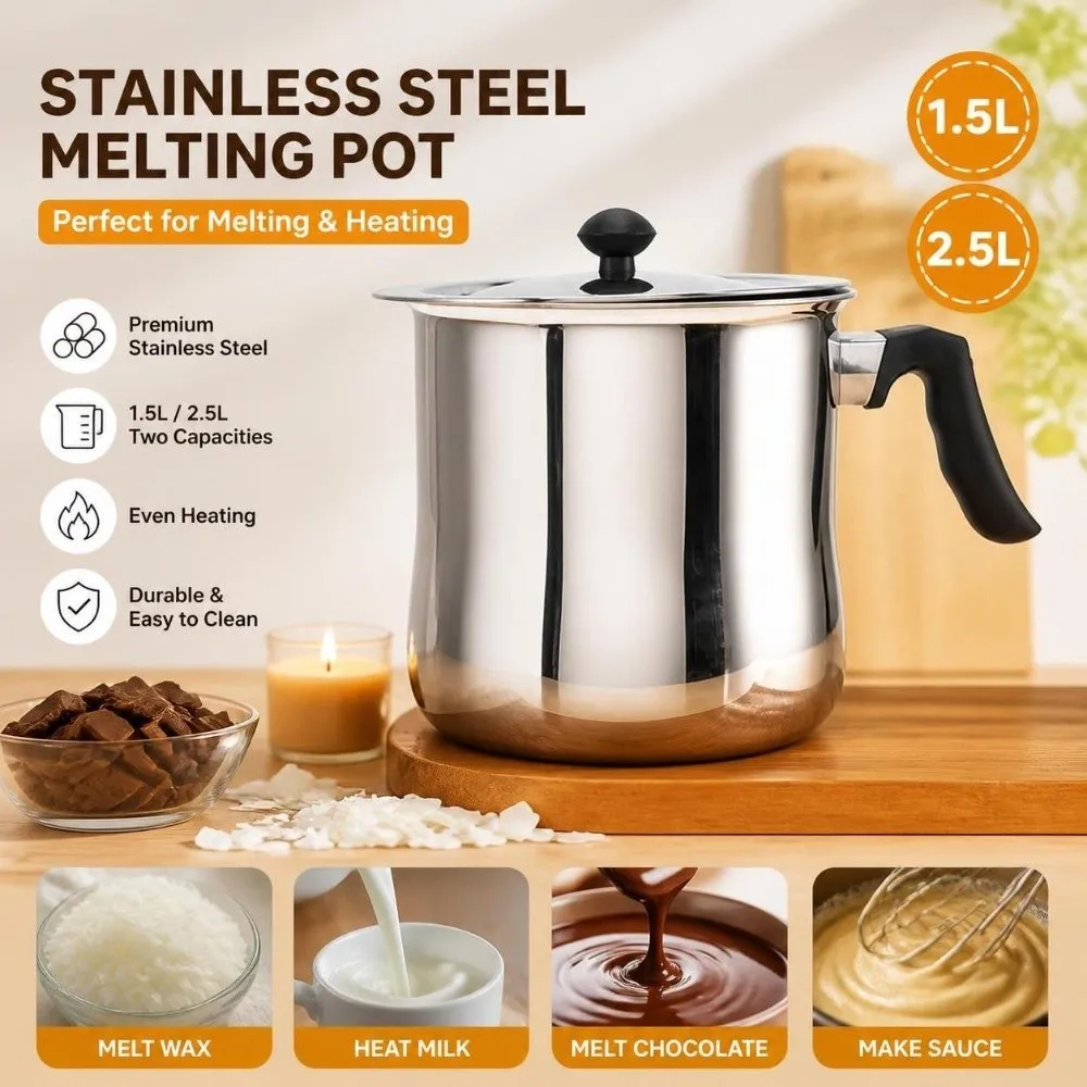 Stainless Steel Wax Melting Pot Plastic Handle With Lid Wax Making Pot Heatproof Multifunctional Heating Wax Pouring Pot