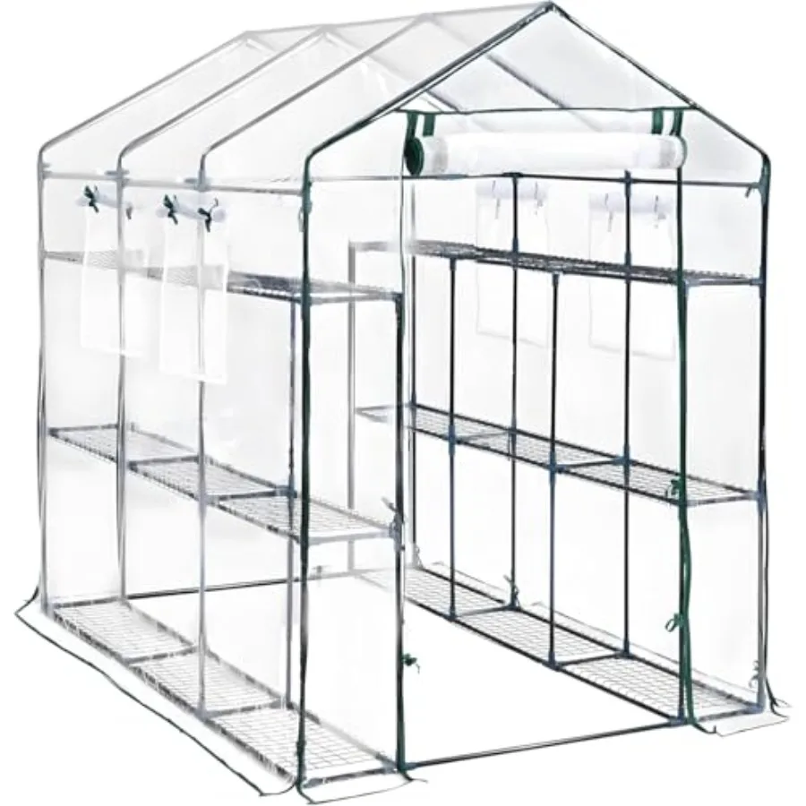 Heavy Duty Walk-in house 85x56x77 in, Weatherproof PE Cover, 6-8 Shelves, Mesh Ventilation Windows, Portable Plant and Vegetabl