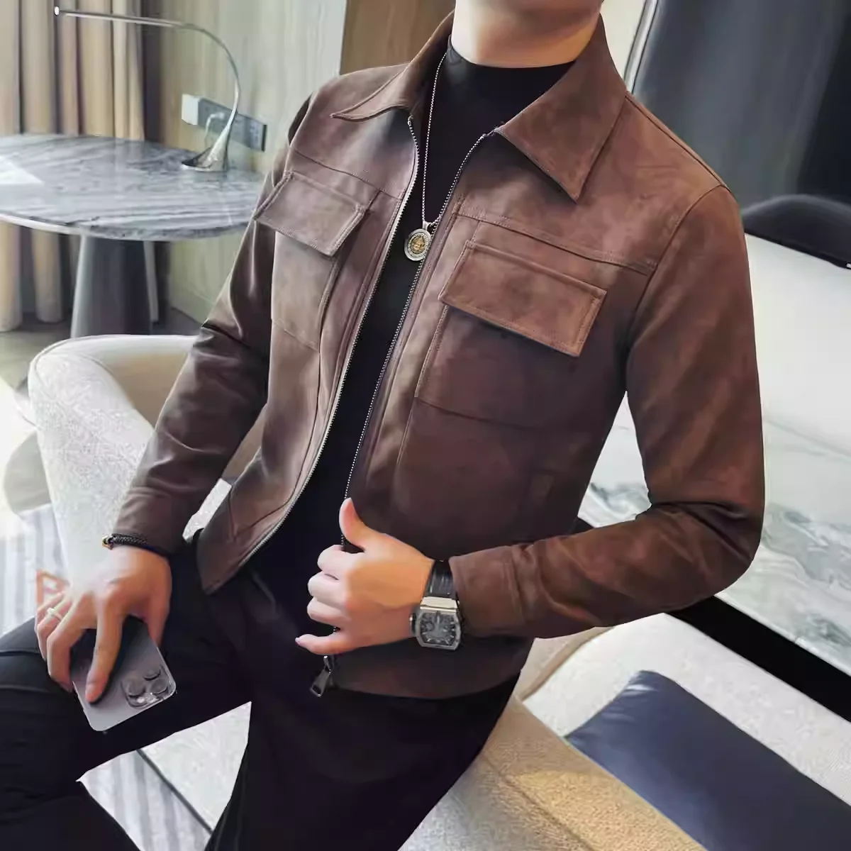 

Autumn Winter Frosted Leather Jacket Men's Lapel Motorcycle Jacket Fashion Versatile Casual Business Social PU Leather Coats