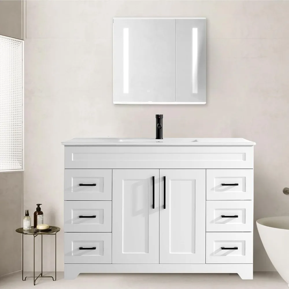 

48” Bathroom Vanity with Ceramic Sink Combo, White Bathroom Cabinet with Soft Closing Doors & Drawers,Bathroom Storage Cabinet