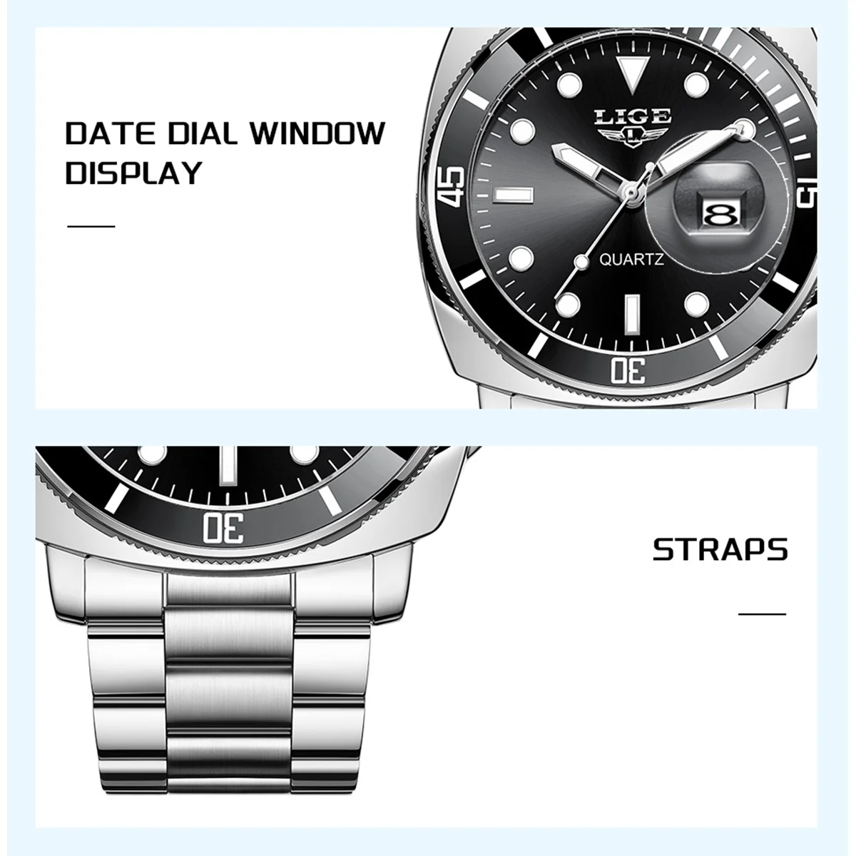 LIGE Fashion Luxury Mens Watch Business Calendar Quartz Watches Luminous Waterproof Stainless Steel Man Watch Casual Male Clock