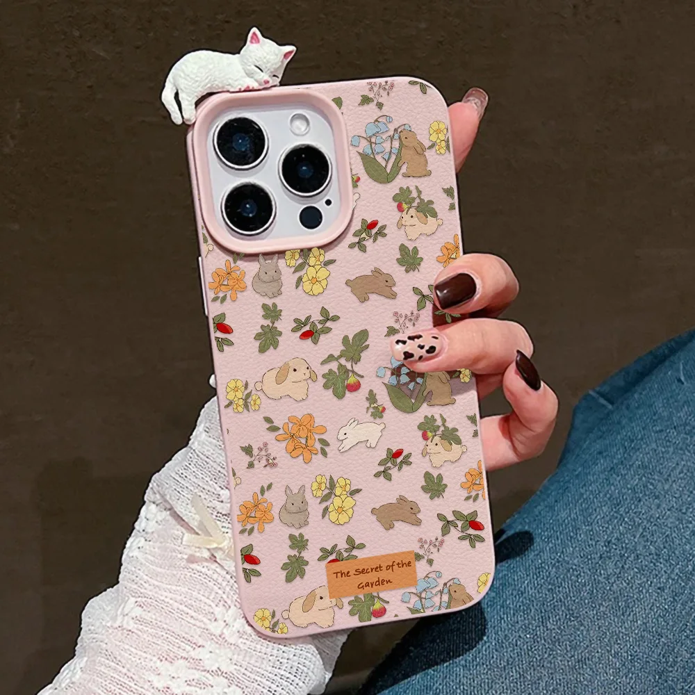 Flower Cute Dog Leather Phone Case For iPhone 17 Pro Max 11 16 15 12 13 14 Plus Air Soft Shockproof 3D Lying Cat Cover Funda