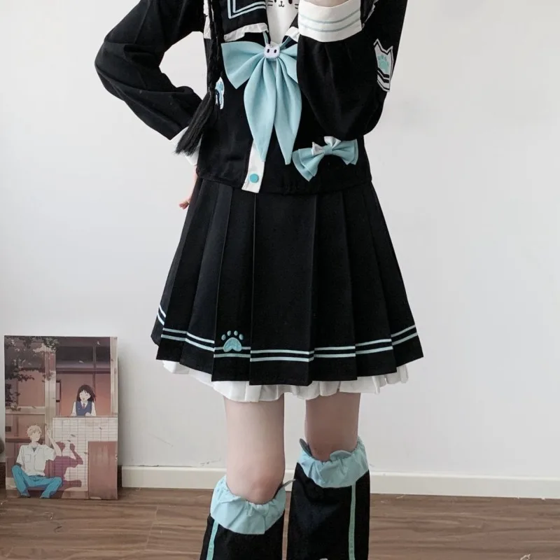 2025 جديد اليابانية الكورية Kawaii Preppy Jk أعلى + تنورة مجموعة البحرية طوق طويلة الأكمام قميص قصير كشكش حافة المرقعة مطوي التنانير