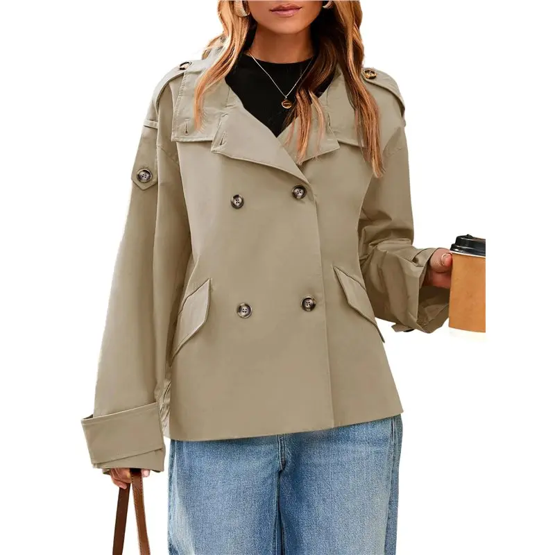 

Женский укороченный тренч ABRT: двубортный, с воротником-стойкой, оверсайз, для осени, повседневный, для работы, верхняя одежда