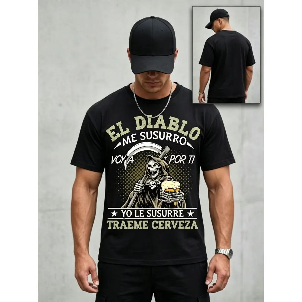 2026 New Unisex O-neck Short Sleeve T-shirt Front El Diablo Grim Reaper With Beer Print Spanish Funny Slogan