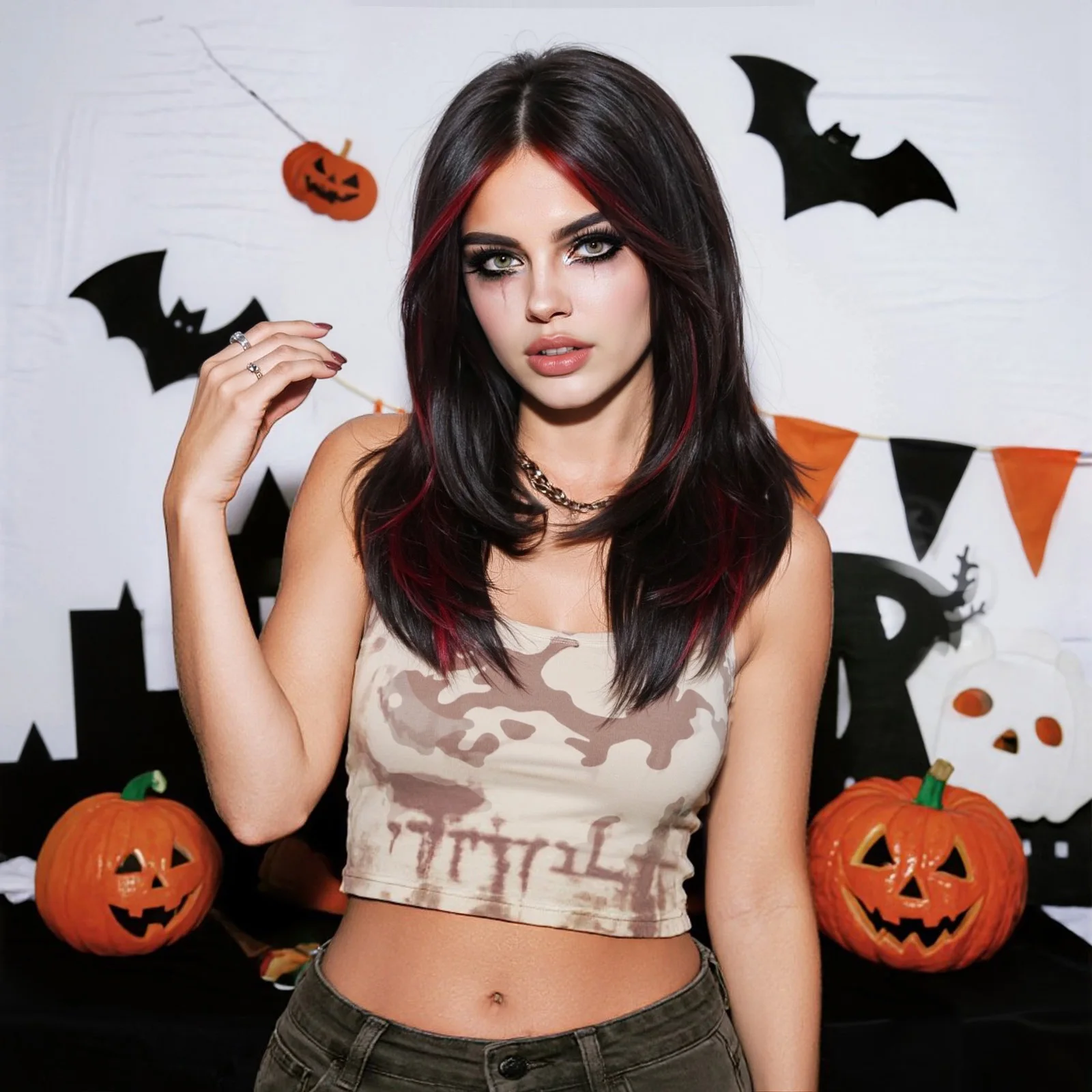 วิกผมสีดำแดงไฮไลท์สำหรับผู้หญิง วิกผมแสกกลาง ความยาวปานกลาง วิกผมสังเคราะห์แบบมีเลเยอร์ สำหรับผู้หญิง ใช้ได้ทุกวันและคอสเพลย์