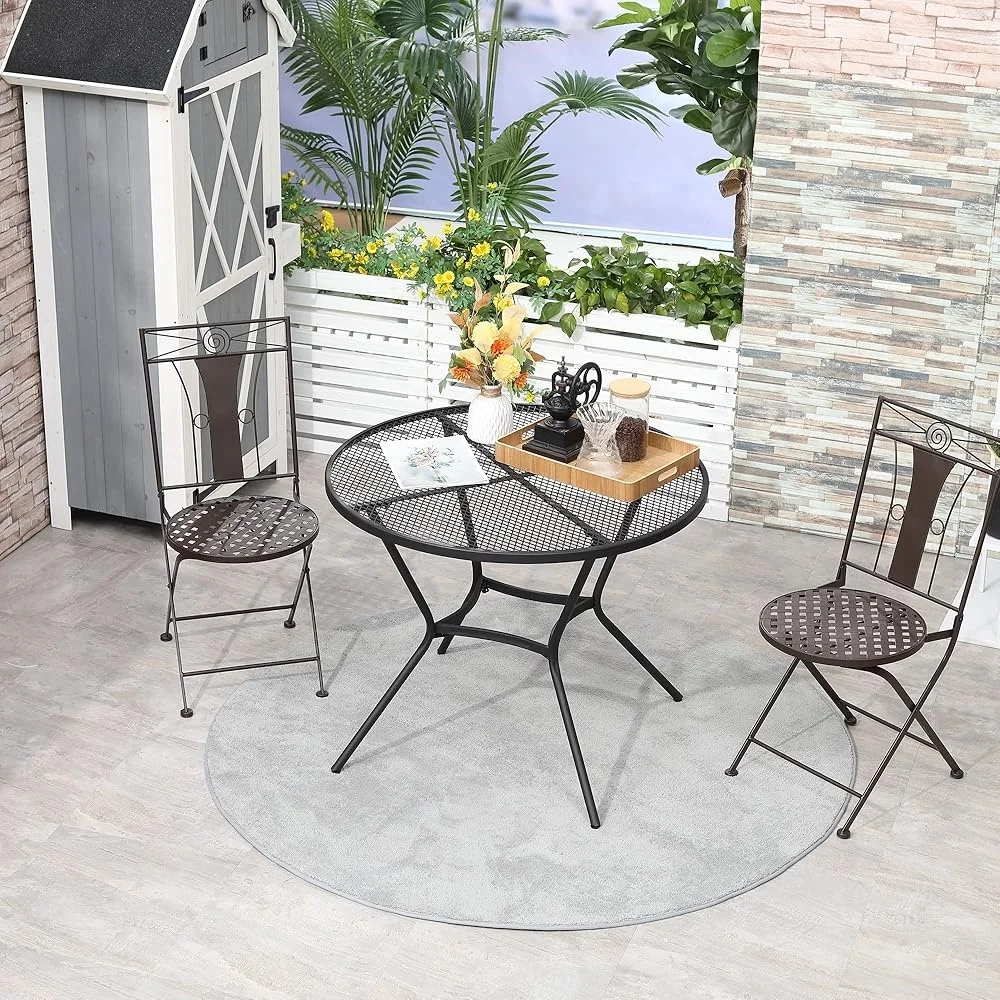 35 Inch Round Outdoor Patio Bistro Table Fast Drying Metal Mesh Top Adjustable Non Slip Feet Ideal Garden Balcony Dining
