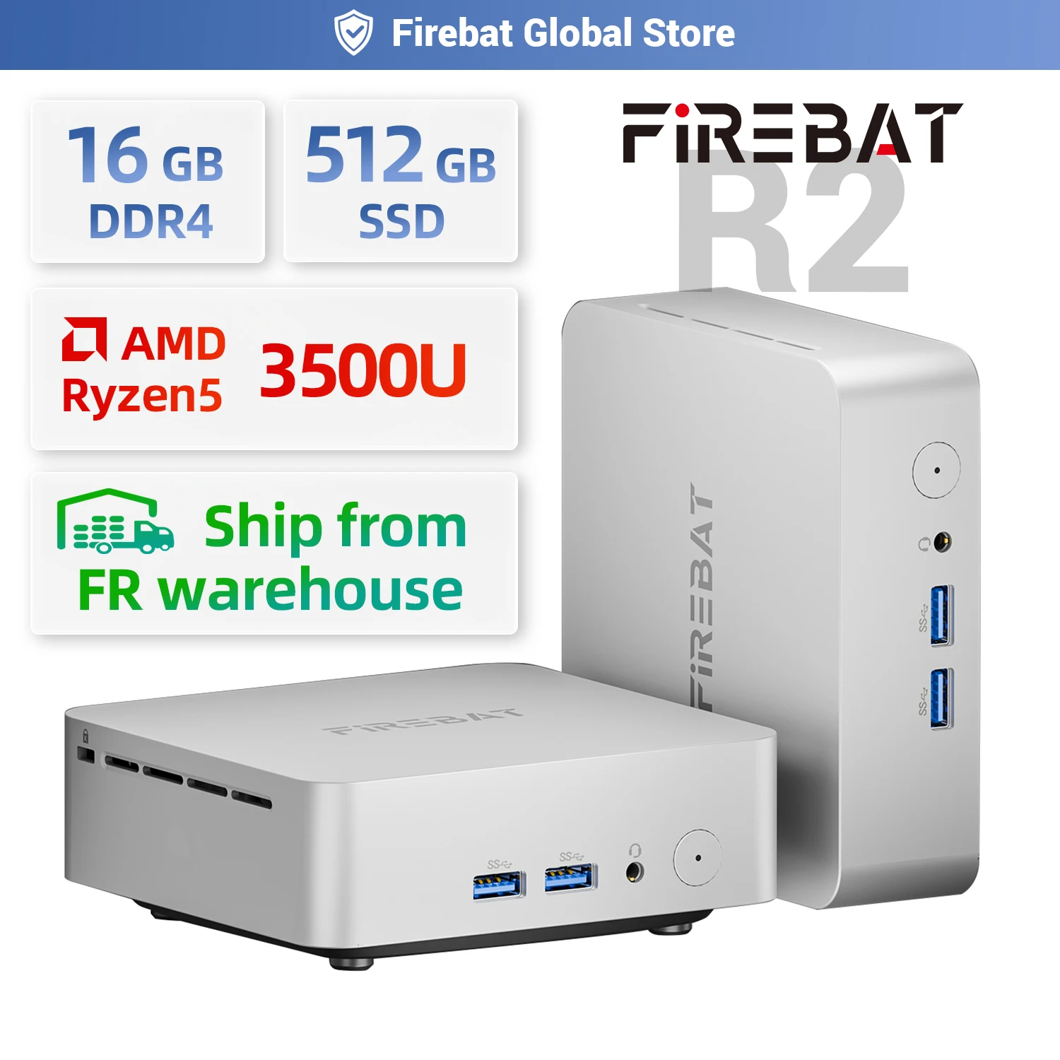 FIREBAT R2 Mini PC AMD Ryzen 5 3500U (Beats N150) 16 Go de RAM 512 Go SSD Interface à semi-conducteurs double mémoire WIFI6 BT5.2 Double 4k