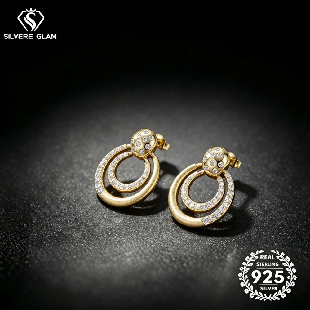 925 Sterling Silver Double Circle D VVS1 Moissanite Stud Earrings Matte Textured Layered Hoop Fine Jewelry For Women
