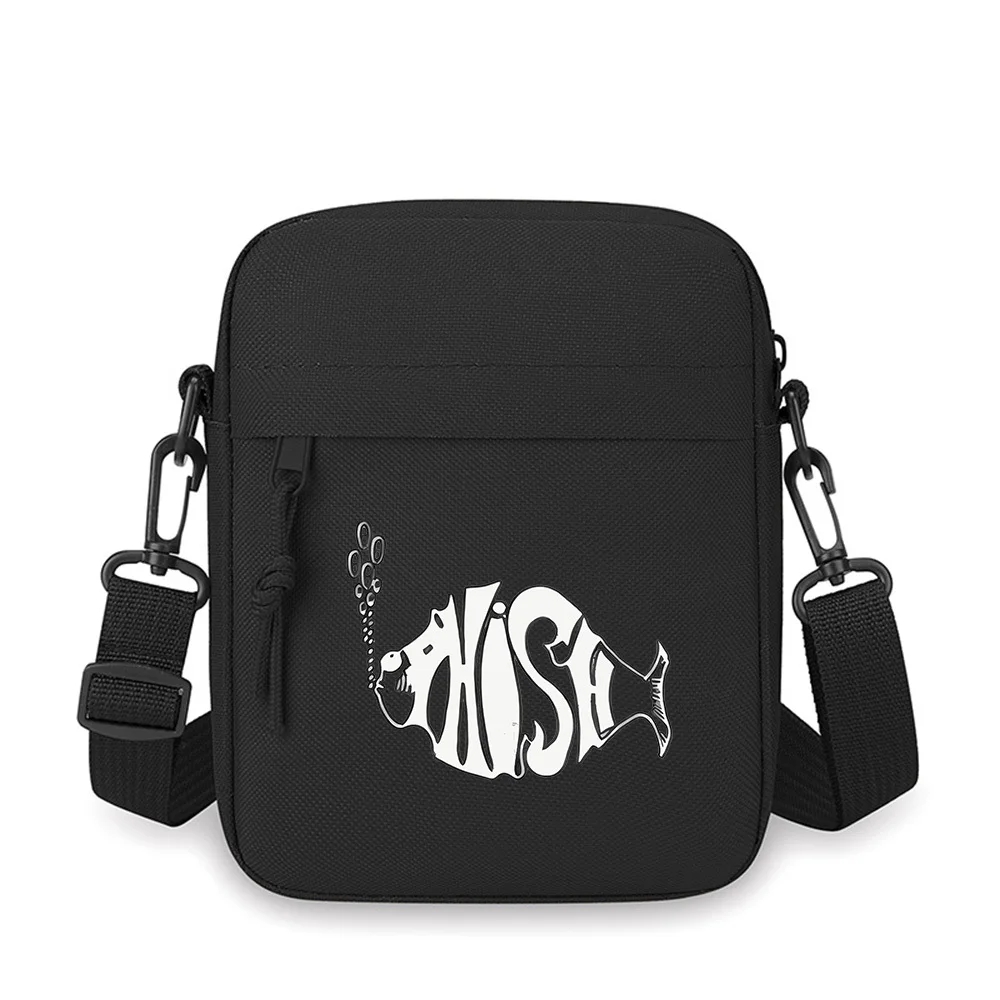 

Fish logo white text on black Men Crossbody Bag Single Shoulder Women Cartoon Anime Film Printing Design Unisex