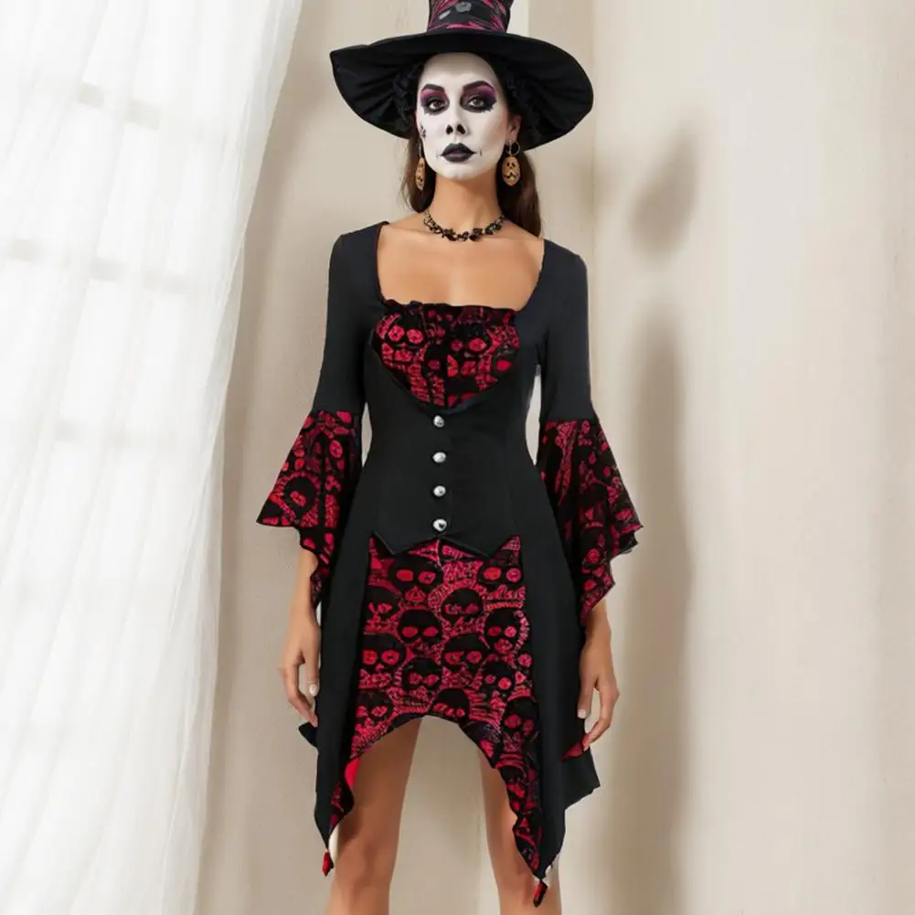 

Bell Sleeves Dress Vintage Halloween Cosplay Dress with Skull Pattern Lace Tie-up Strap for Women Irregular Cuff for Performance