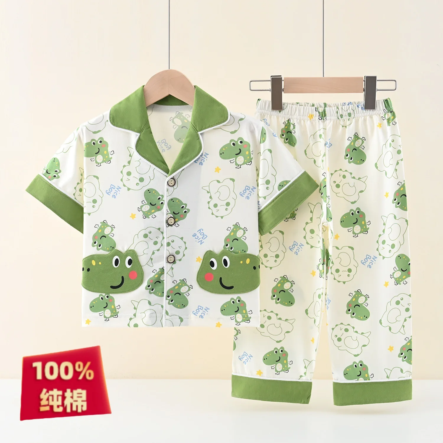 Kids Summer Thin Cotton Pajamas Set Boys Girls Cute Cartoon Panda Short Sleeve Lapel Shirt + Pants Homewear Casual Sleepwear