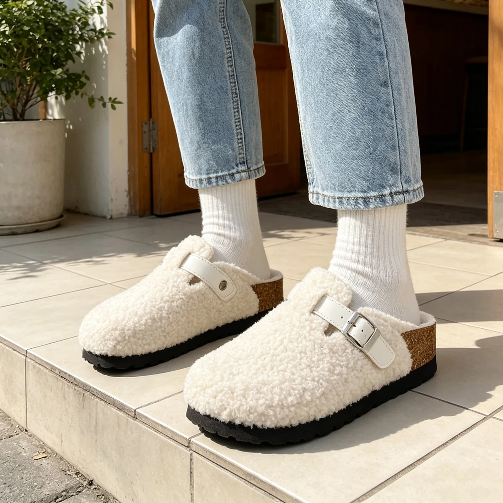 Shevalues Fuzzy Lined Clogs Damen-Slipper mit Korkfußbett, warme, flauschige Hausschuhe, rutschfeste, gemütliche Outdoor-Slides für Damen – Detail 4