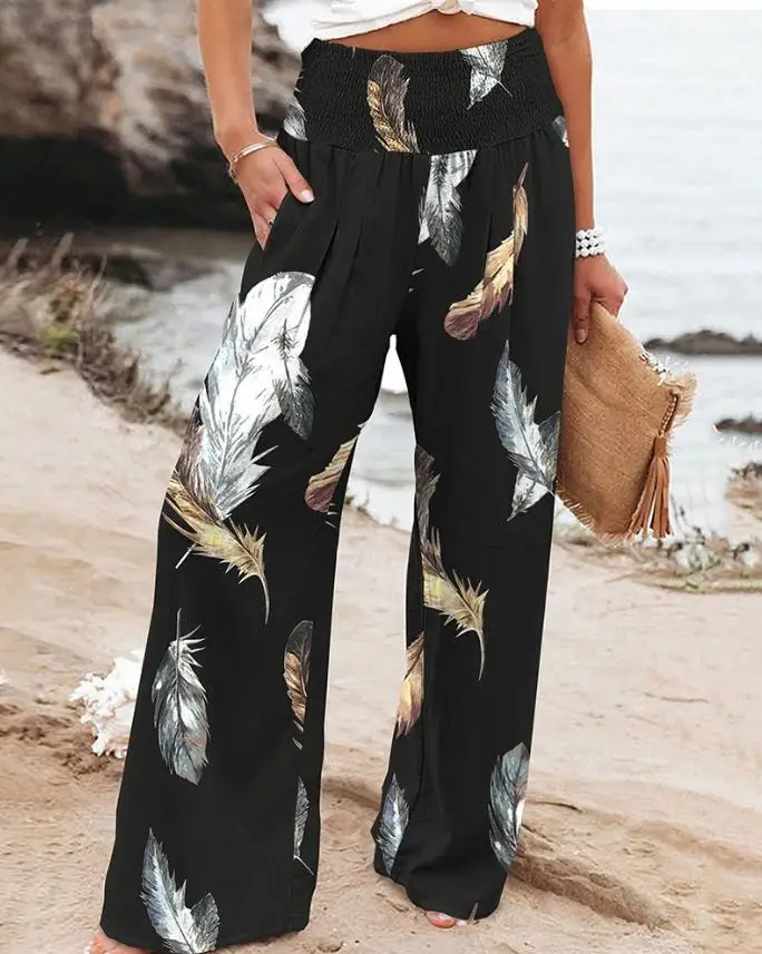 

Casual Chic Feather Print High Waist Wide Leg Pants Pocket Shirred Design Daily Vacation Fashion Women's Pants