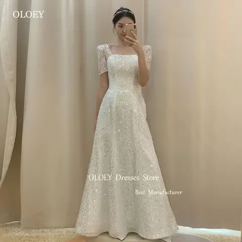 OLOEY 2025 럭셔리 웨딩 촬영 드레스 스퀘어 칼라 반팔 신부 가운 A 라인 드레이프 바닥 길이 한국 웨딩 드레스