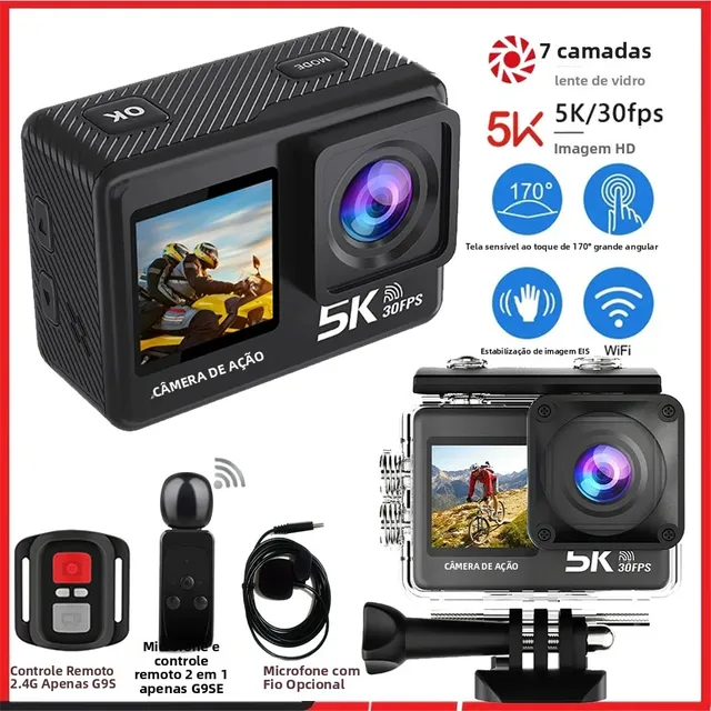 Câmera de Ação 5K 4K60FPS 50MP 2.0 Touch EIS Pré-Gravação Microfone Sem Fio Wi-Fi 170D DVR Webcam À Prova D'Água 30M 5X Zoom Câmera Esportiva
