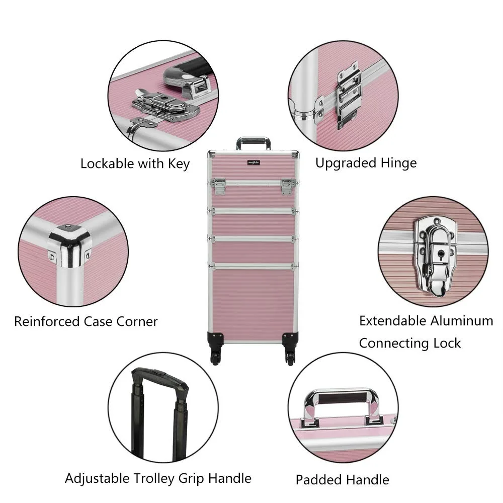 4 in 1 Rolling Makeup Train Case, Aluminum Cosmetic Organizer on Wheels, Lockable Beauty Storage with Removable Wheels (Pink) view 5