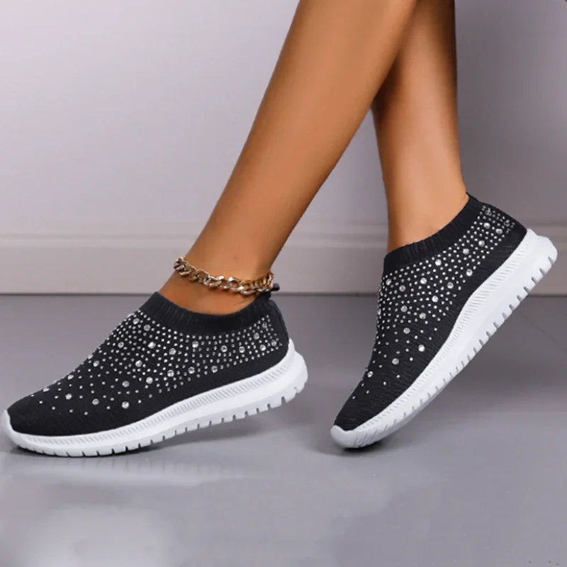 Crystal Sneakers Spring Summer Fashion Breathable Mesh Slip On Flat Shoes For Women 2024 Outdoor Walking Loafers Zapatos Mujer