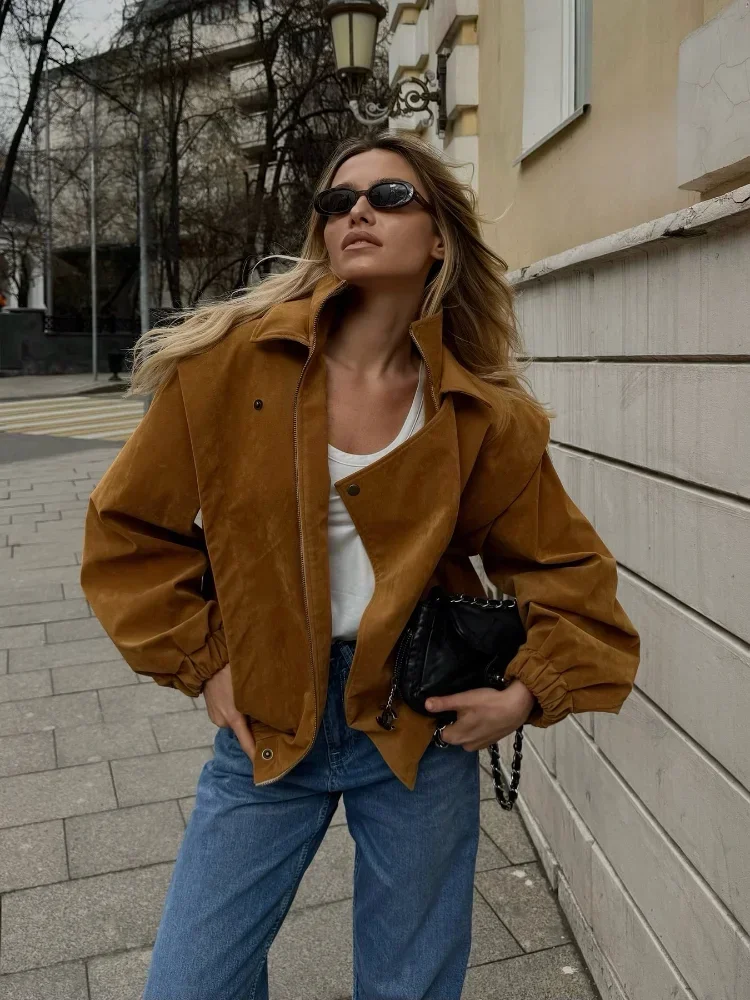 Giacca casual in tessuto scamosciato con cerniera raglan da donna Chic bavero manica intera tasca cappotto corto allentato Lady nuovo autunno quotidiano streetwear