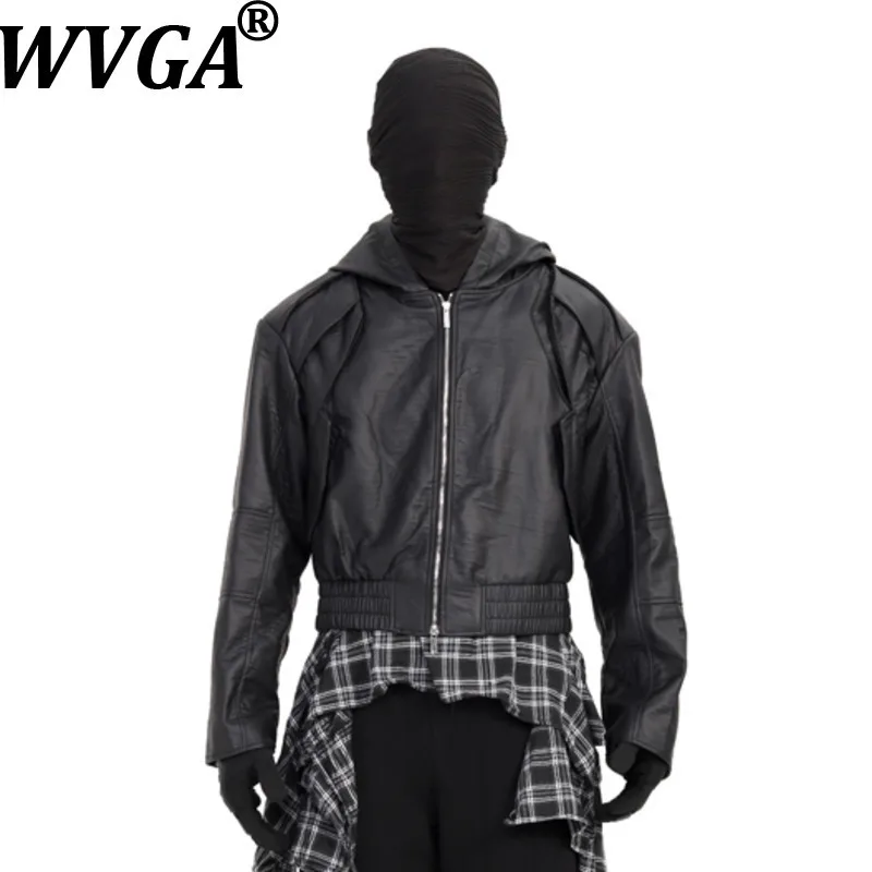 

WVGA Autumn Winter New Man Zipper Trendy Short Darkwear Hooded Leather Jacket Niche Chic Casual Punk Long Sleeve Coat Ins W14335