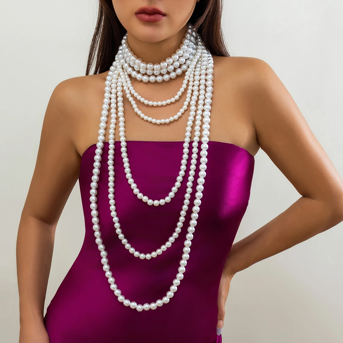 Gothic Multi layered Imitation Pearl Chain Long Necklace Fashion Simple Statement Bead Chain Choker Women\'s Wedding Jewelry