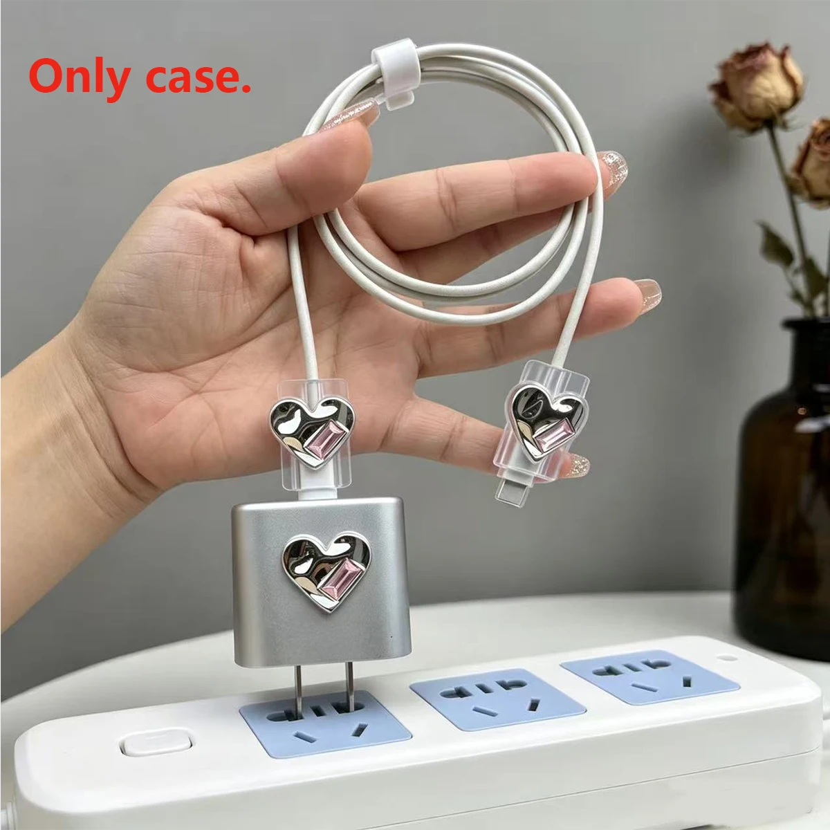 3Pcs Heart Rhinestone Charger Protector Set, Bling Silver Pink Charger Cover & Cable Protective Sleeve for18/20W Charger
