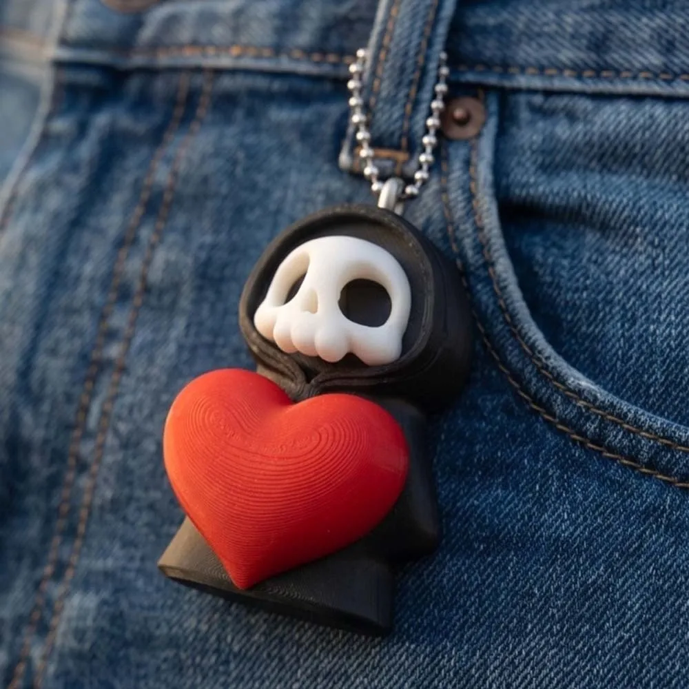 Love Heart Ornament Miniature Skeleton Keychain Cute Black Halloween Pendant Creative PlA Grim Reaper Figure Keys