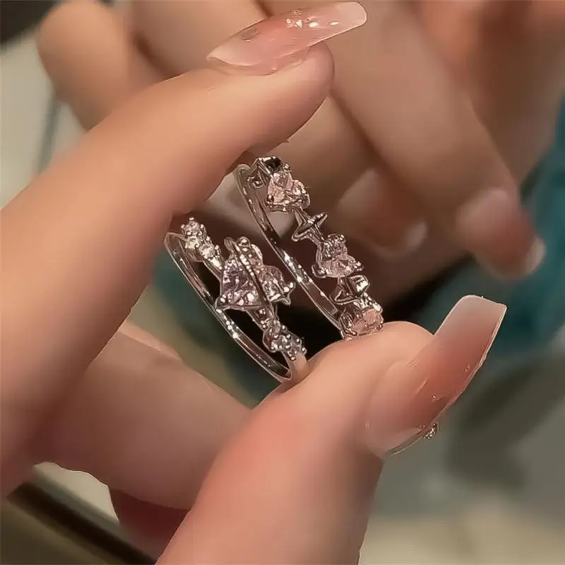 Y2K Style Sparkling Pink Zircon Bride Rings for Women Couples Korean Trendy Heart Star Geometric Wedding Party Jewelry Wholesale