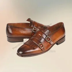 Brown Tassels Buckle Decor Double Monk Men Shoes Fashion Slip On Male Shoes Luxury Handmade Party Office Banquet Men Dress Shoes