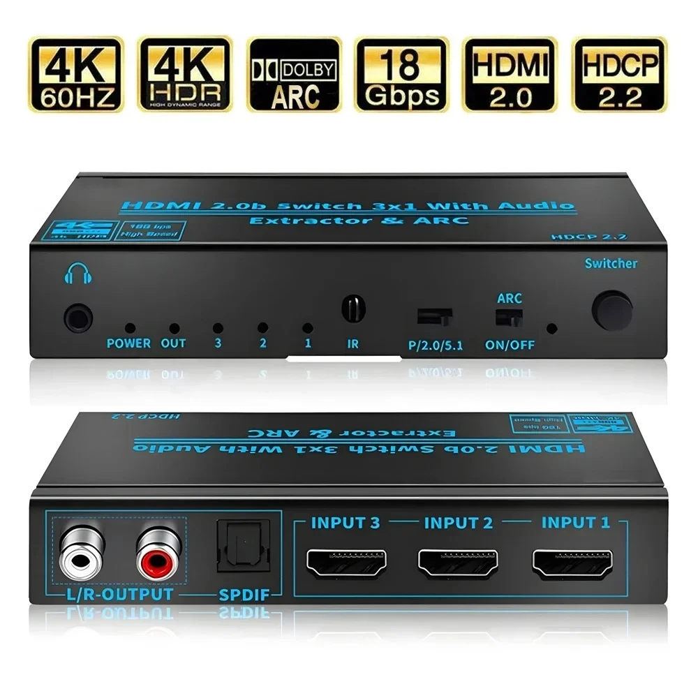 3-portowy przełącznik HD-MI 2.0 4K@60Hz Audio Extractor ARC Toslink SPDIF Kompatybilny z HDMI konwerter przełączający 3x1 do PS5 Xbox TV Laptop