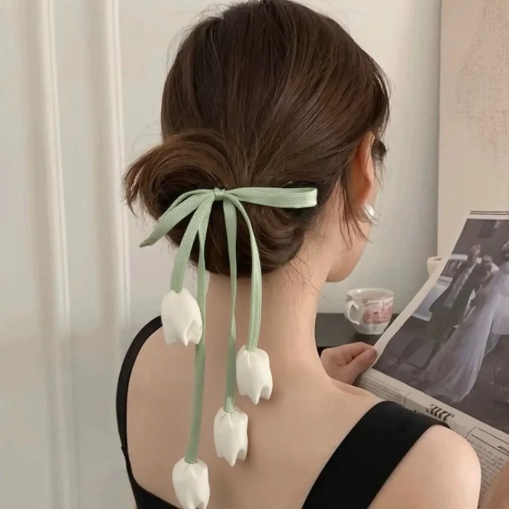 Sweet Tassels Tulip Hair Rope Cloth Bowknot Flower Hair Ring Hair Accessories Headdress Elastic HairBand Women