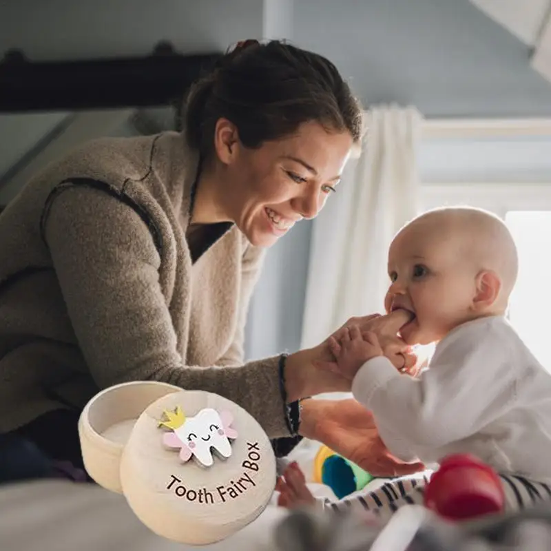 Baby Tooth Box Wooden Dropped Tooth Keepsake Storage Box Cute Carved Teeth Container Storage Box Gift Fairy Gifts Tooth Saver