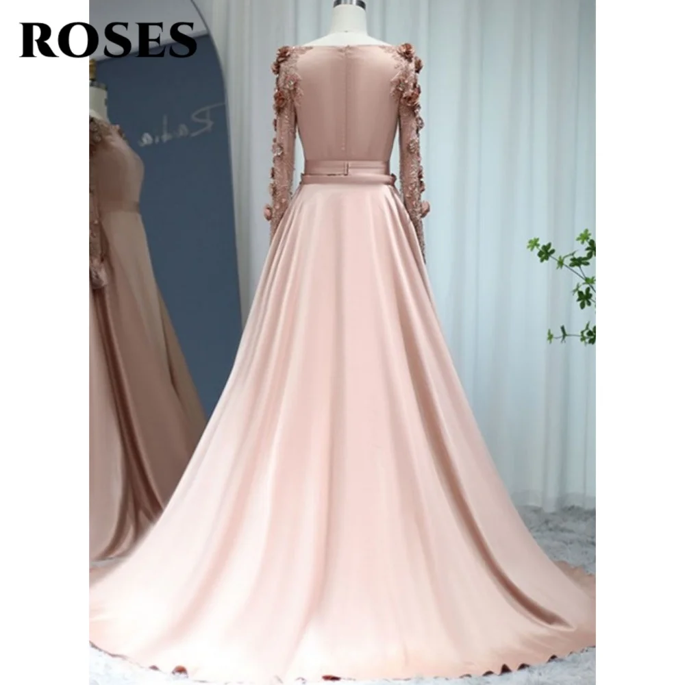 ROSES-Robe de Bal Élégante en Satin à Manches sulfpour Femme, Col Rond, Fleurs 3D, Perles, Chic, Violet