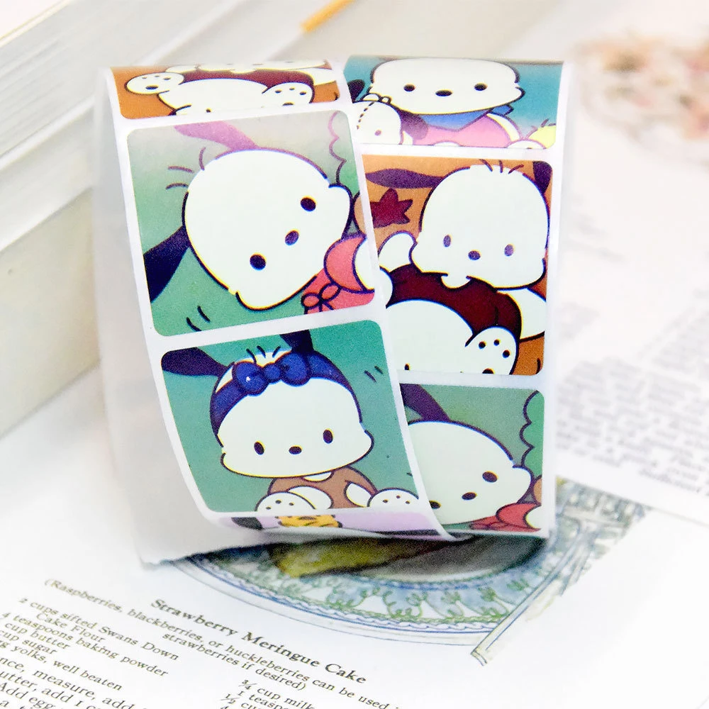 500 uds/rollo de pegatinas bonitas de Anime Sanrio Pochacco, pegatinas de dibujos animados DIY para ordenador portátil, pegatina de sellado de decoración Kawaii, juguetes de regalo de recompensa para niños