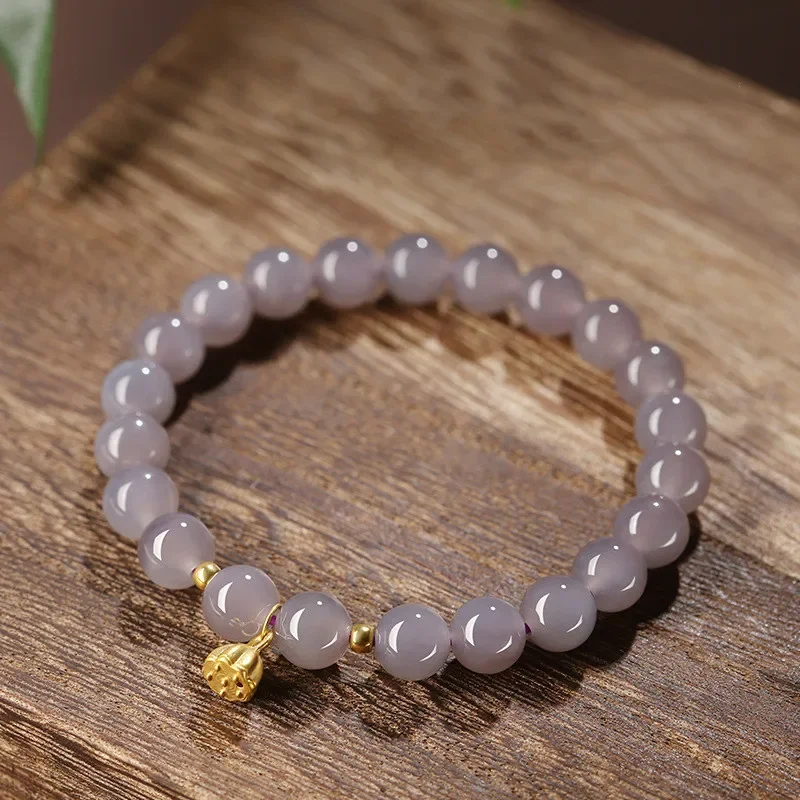 Natural Hetian Jade Smoky Purple Beads 6mm Single Ring Bracelet Women's Simple Collocation Lotus Pendant Girlfriend Hand Jewelry