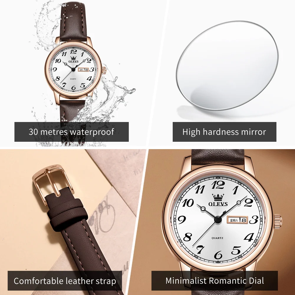 ساعات OLEVS Leisure Fashion النسائية بمقياس الأرقام العربية المقاومة للماء كوارتز أصلية لساعة يد بحزام جلدي للسيدات #5