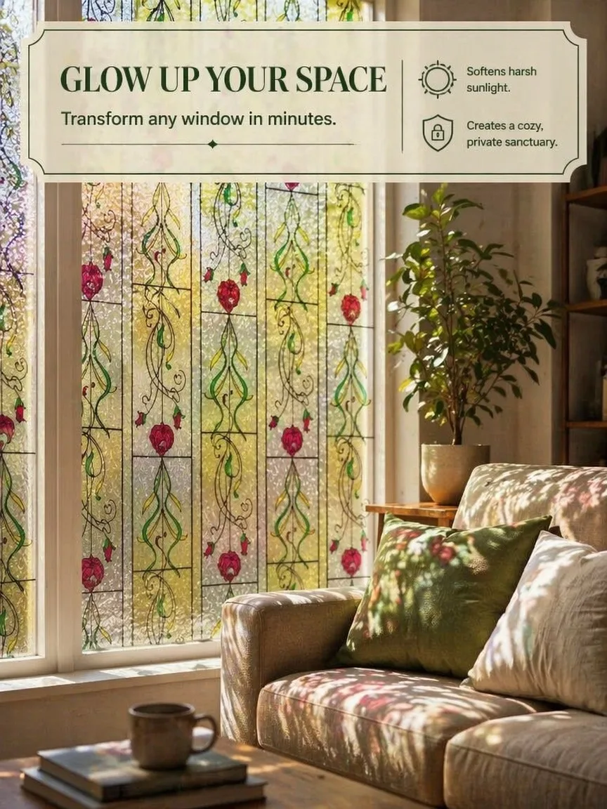 Rose Pattern Frosted Privacy Window Film Static Cling No Glue UV Block Heat Control for Home Office Bathroom Glass Door