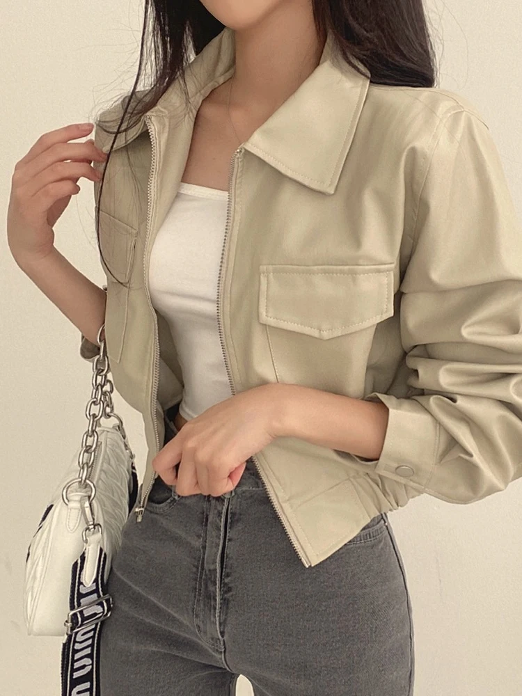 

Премиум-куртка из искусственной кожи для женщин в корейском стиле, осенне-зимняя, свободного кроя, с отложным воротником, байкерская, с длинными рукавами, на молнии