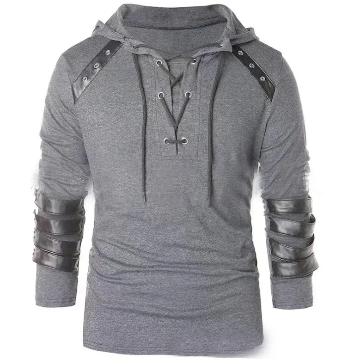 Adult Men Medieval T-shirt Gothic Steampunk Sweatshirt Lace Up Long Sleeve Pullover Hooded Tee Halloween Shirts Tops chemise