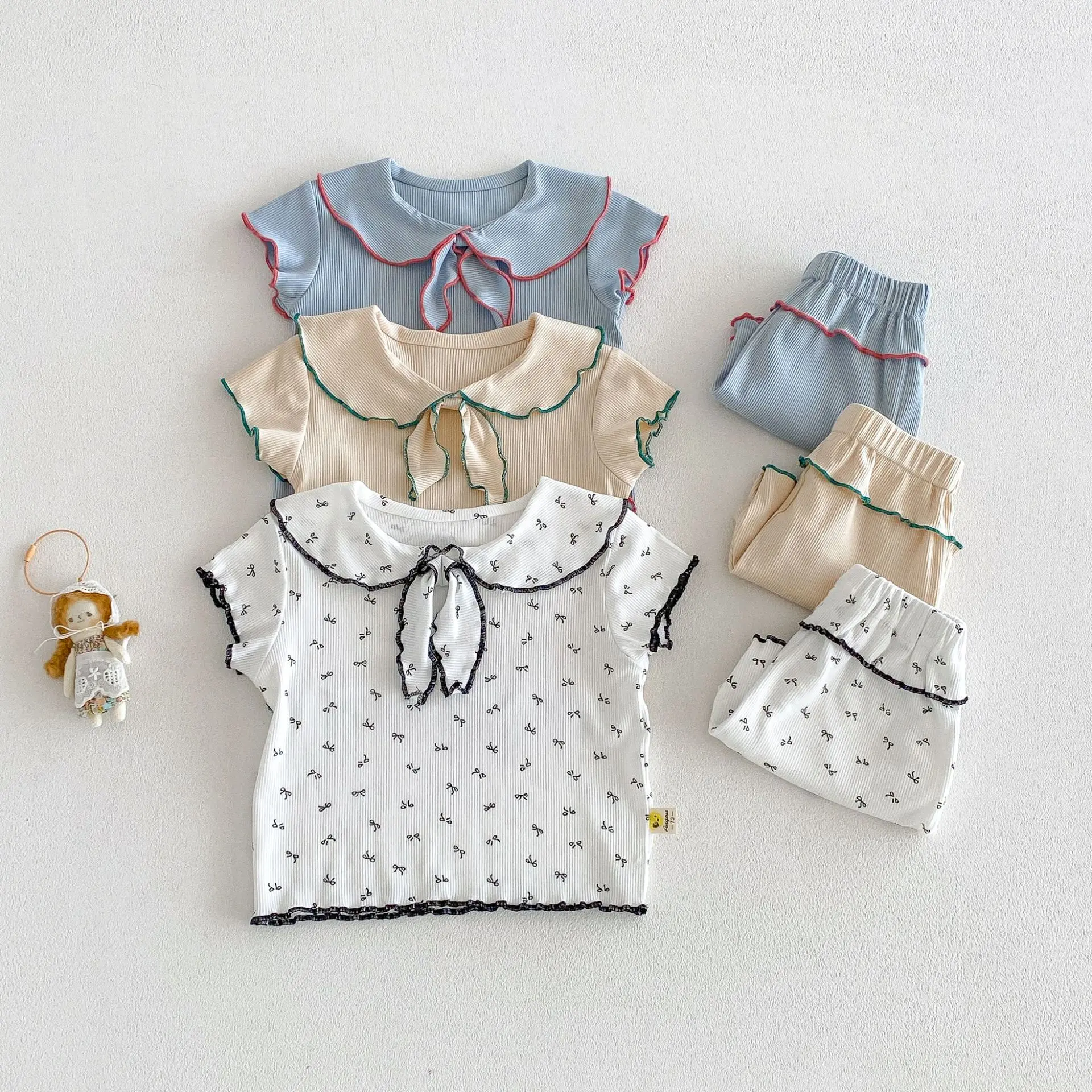 

2026 Summer New Baby Short Sleeve Clothes Set Girls Sailor Collar T Shirts + Shorts 2pcs Suit Toddler Cotton Comfortable Outfits