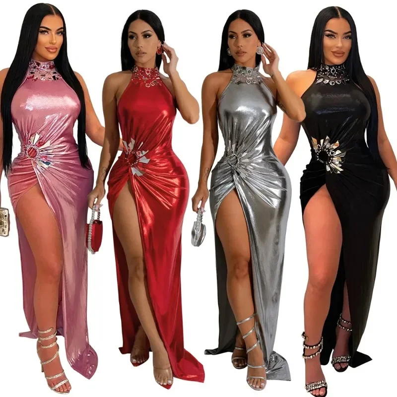 

2025 New Spring Sleeveless High Slit Solid Rhinestone Long Dress Fashion Evening Vestidos Sexy Party Club Birthday Dresses