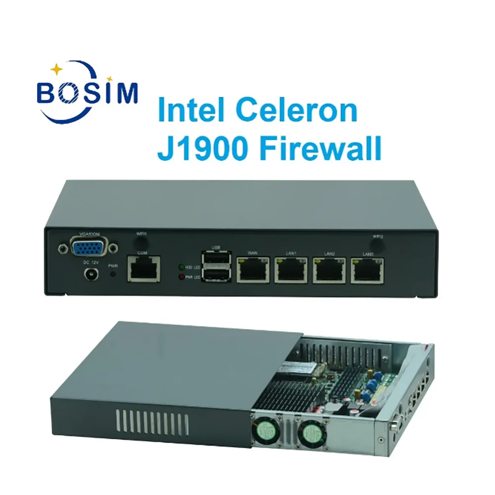 المستوى الصناعي معالج Intel Celeron J1900 بدون مروحة 4 * LAN 1 * VGA 2 * USB 2 * wi-fi 1 * RS232 جدار حماية توجيه ناعم