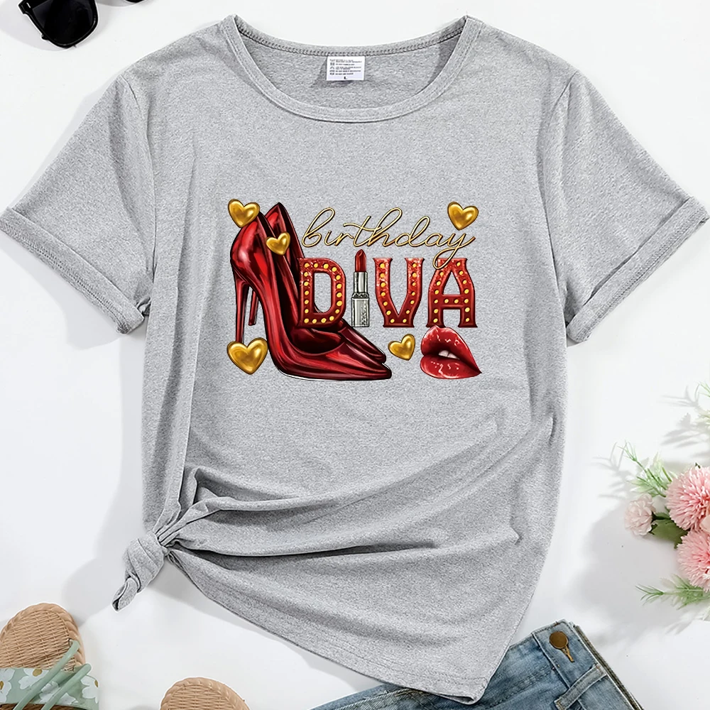 Women's T-shirt Birthday Diva Pattern Print Round Neck Casual Streetwear Female Clothing Top Tees Comfortable Breathable